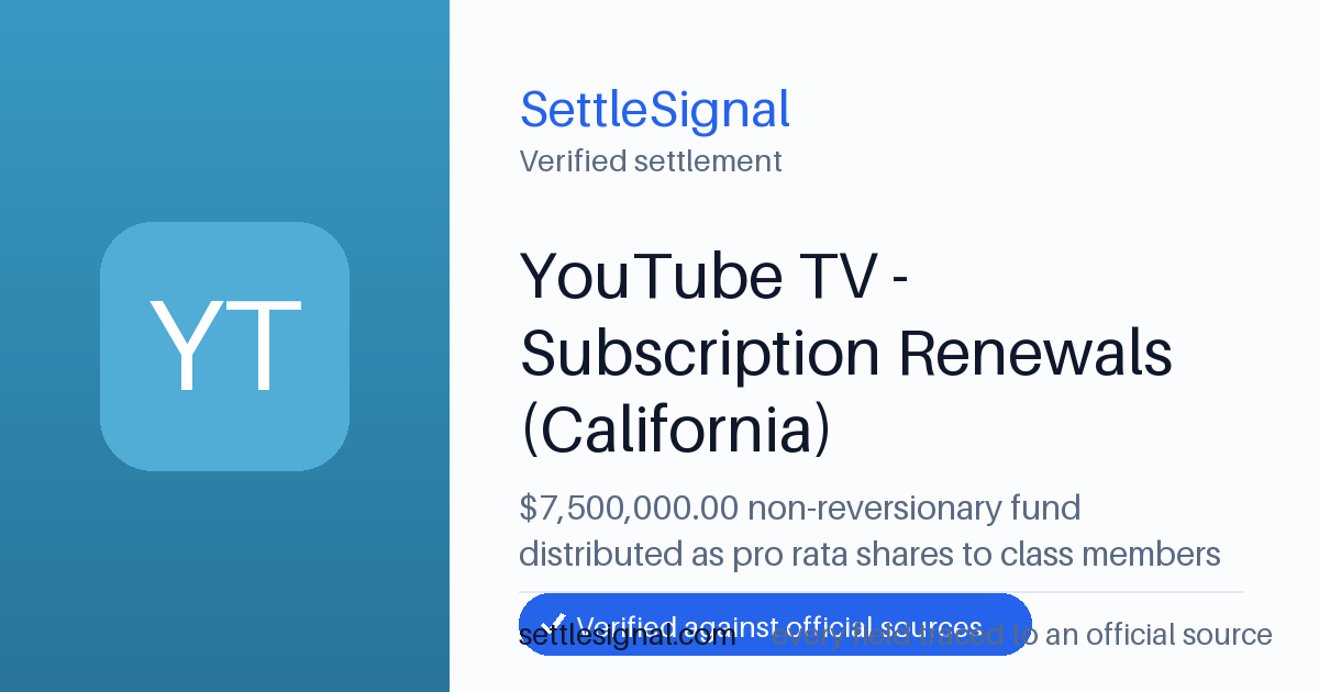 SettleSignal summary card for YouTube TV - Subscription Renewals (California) — $7.5M fund, claim by August 30, 2026. Checked against the official settlement source on July 26, 2026.